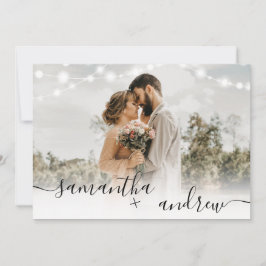 Invitation Bois brun rustique script 4 photos mariage