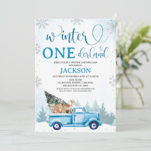 Invitation Bois Camion bleu Hiver Onederland Anniversaire