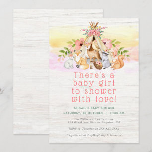 Invitation Bois coloré Animaux Camping Baby shower fille