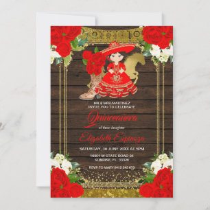 Invitation Bois Cute Rose rouge Fleurs Princesse Quinceanera 