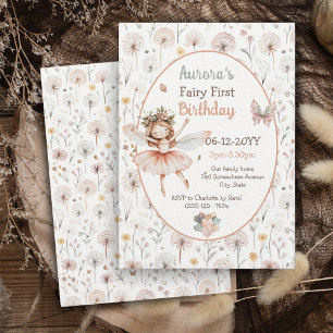 Invitation Bois Dandelion aquarelle Fée Premier anniversaire