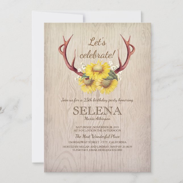 Invitation Bois de cerf et tournesols Fête d'anniversaire rus (Devant)