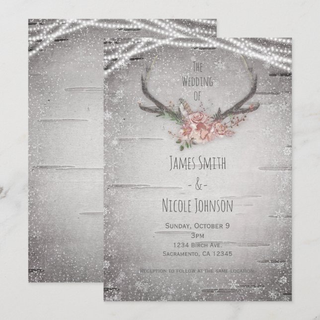 Invitation Bois de cerf rustique et mariage d'hiver en boulea (Devant / Derrière)