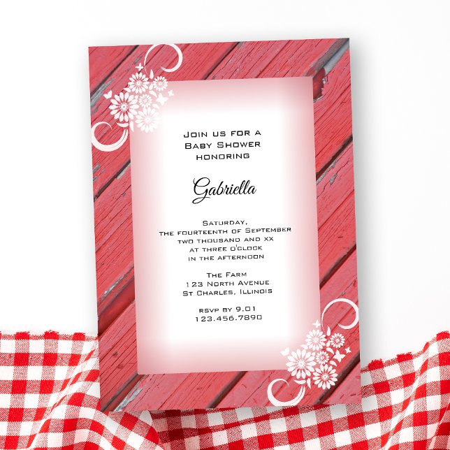 Invitation Bois de grange rouge avec Baby shower de fleurs (Créateur téléchargé)