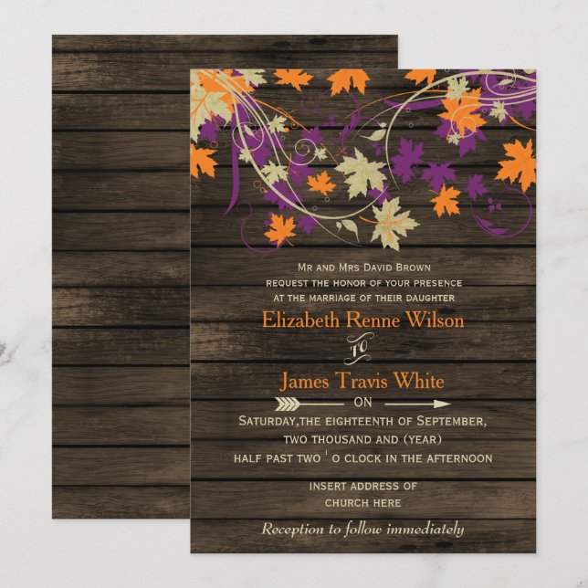 Invitation Bois de grange Rustique Plum feuille mariage (Devant / Derrière)