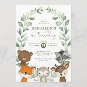 Invitation Bois de verdure douce Animaux 1er anniversaire