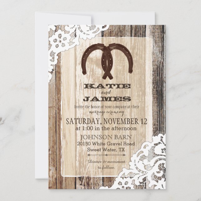 Invitation Bois dentelle en fer à cheval Mariage rustique (Devant)