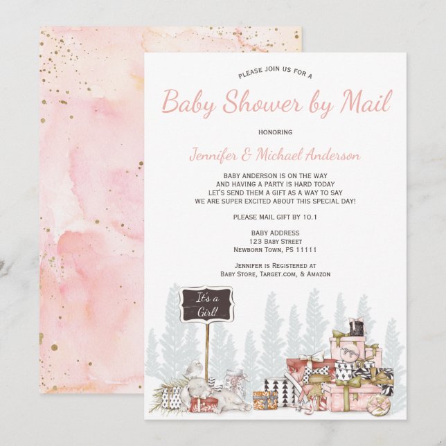 Invitation Bois d'hiver Lapin rose Baby shower par la poste (Devant / Derrière)