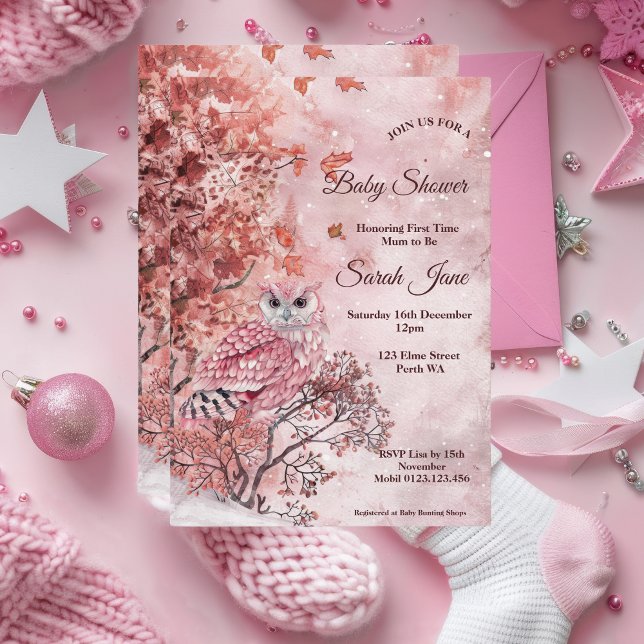 Invitation Bois d'hiver rose Baby shower moderne (Pink Owl Baby Shower Invitation)