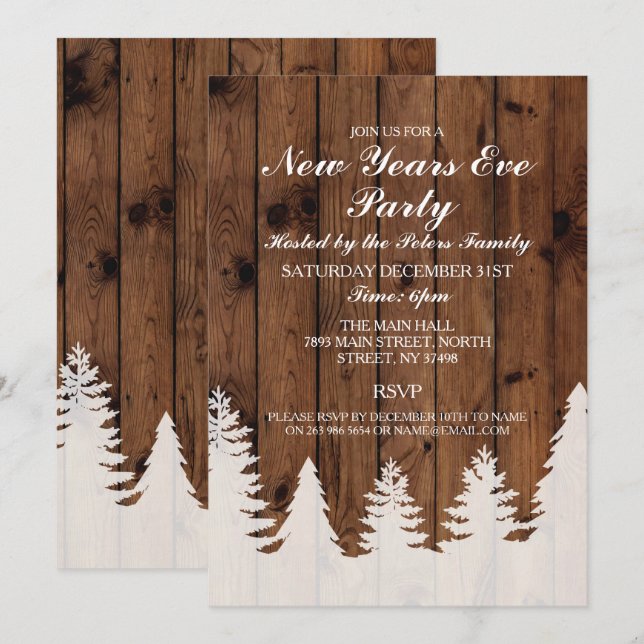 Invitation Bois d'hiver rustique arbres Nouvel An Jour de la  (Devant / Derrière)