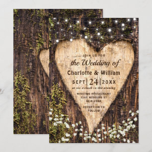 Invitation Bois écorce Bébé Coeur respiratoire Mariage rustiq