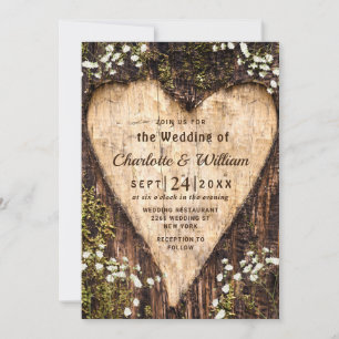 Invitation Bois écorce Bébé Coeur respiratoire Mariage rustiq