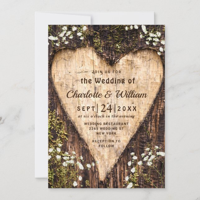 Invitation Bois écorce Bébé Coeur respiratoire Mariage rustiq (Devant)