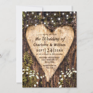 Invitation Bois écorce Bébé Coeur respiratoire Mariage rustiq