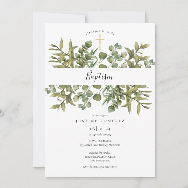 Invitation Bois Eucalyptus Verdure Baptême Christening (Devant)