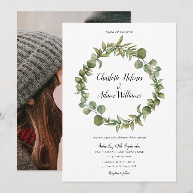Invitation Bois Eucalyptus Vert Mariage Photo (Devant / Derrière)