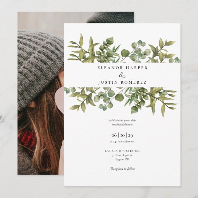 Invitation Bois Eucalyptus Vert Mariage Photo (Devant / Derrière)
