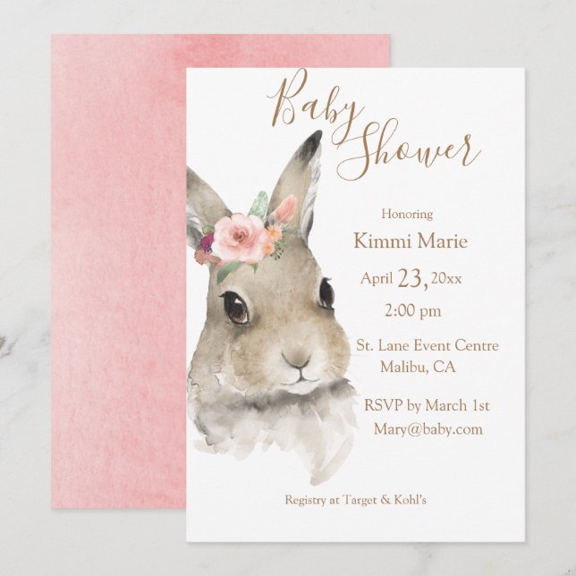 Invitation Bois Floral Bunny Aquarelle Script Baby (Devant / Derrière)
