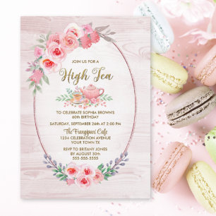 Invitation Bois Floral Rose N'importe quel âge Thé Haut Anniv