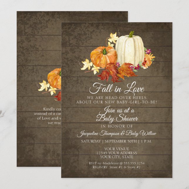 Invitation Bois floral rustique en Baby shower Citrouille (Devant / Derrière)