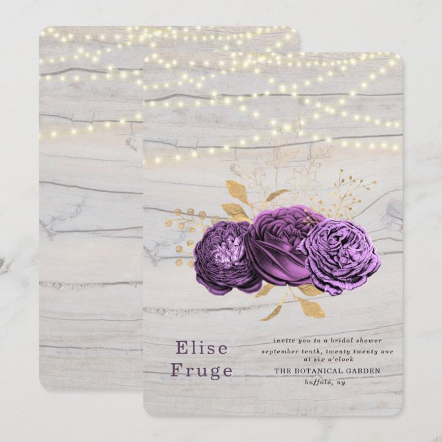 Invitation Bois Floral Violet De Chaîne Lumières Fête des mar (Devant / Derrière)