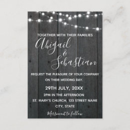 Invitation Bois foncé rustique, avec lumières à cordes.