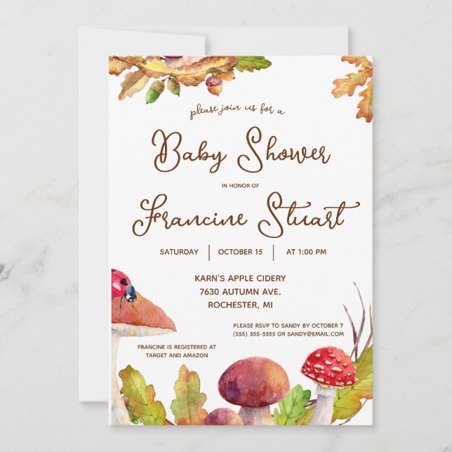 Invitation Bois, Forêt d'automne, Baby shower de champignons (Devant)