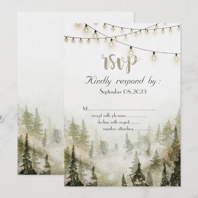 Invitation Bois,Forêt,Pins,String Lights RSVP  (Devant / Derrière)