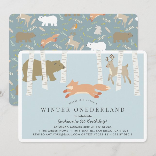 Invitation Bois Hiver Onederland Bleu 1er anniversaire (Devant / Derrière)