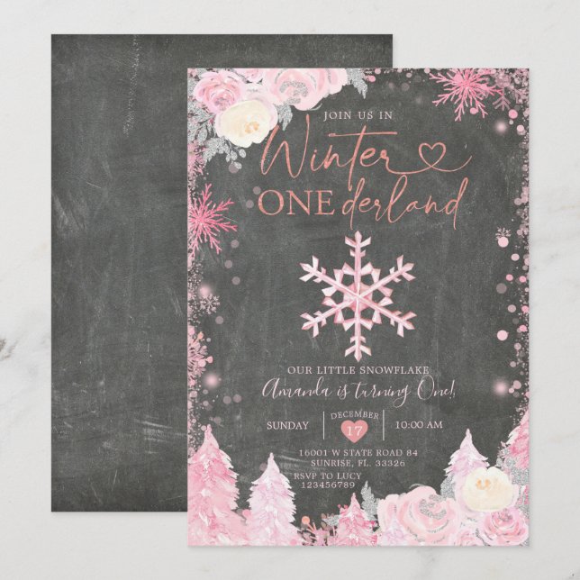 Invitation Bois Hiver Onederland Pink Snowflake Anniversaire (Devant / Derrière)