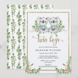 Invitation Bois koala Eucalyptus Twin Boys Baby shower