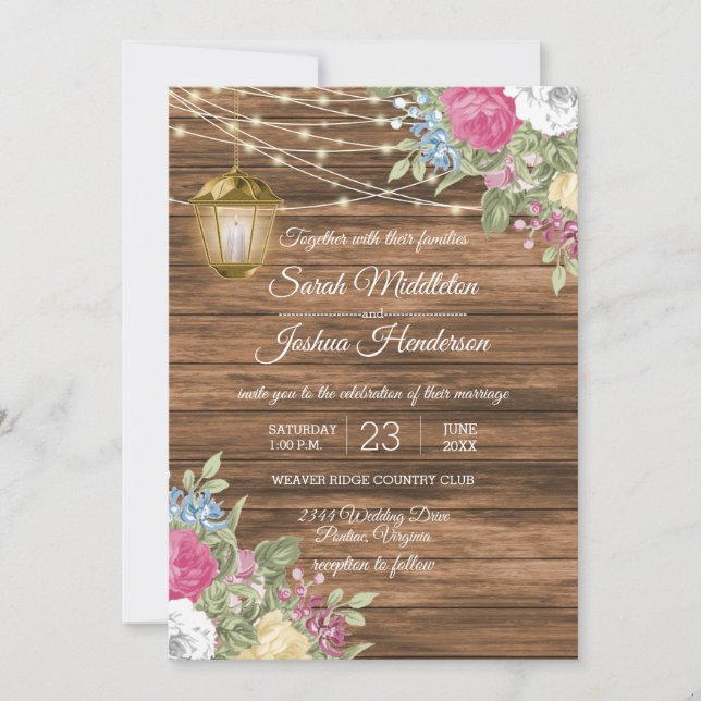 Invitation Bois, lanterne et beau Mariage de fleurs de printe (Devant)