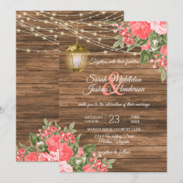 Invitation Bois, lanternes et Mariage à fleurs de corail