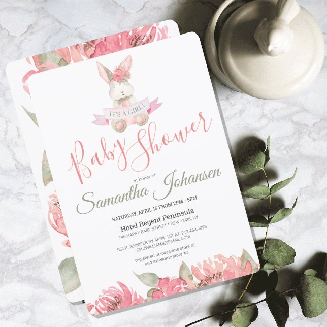 Invitation Bois Lapin rose Aquarelle Baby shower Floral (SWEET WOODLAND BUNNY FLORAL BABY SHOWER INVITATION)