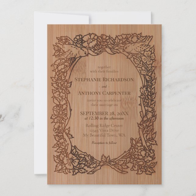 Invitation Bois Look Floral Bird Frontière Rustique Mariage (Devant)