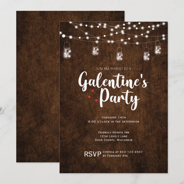 Invitation Bois Mason Jar Galentines Fête Saint-Valentin (Devant / Derrière)