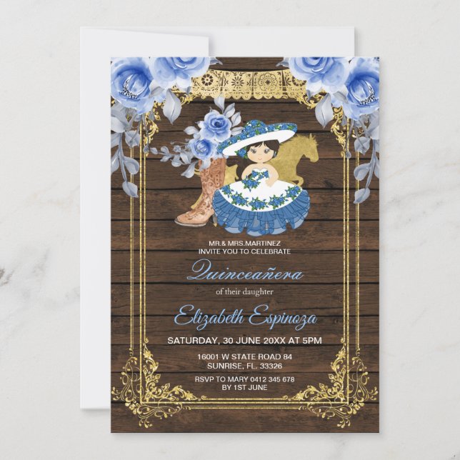 Invitation Bois mexicain Quinceanera Bleu Rose Fleurs (Devant)