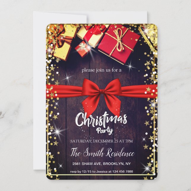 Invitation Bois Naturel, Cadeaux Diamants Étoiles Noël (Devant)