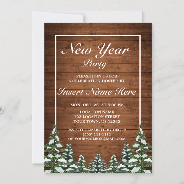 Invitation Bois neigeux & Forêt Pin rural fête du Nouvel An (Devant)