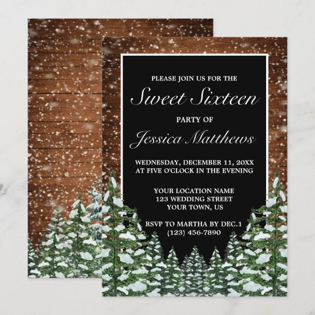 Invitation Bois neigeux noir et pin Tiara Sweet 16 (Devant / Derrière)