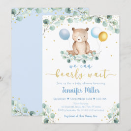 Invitation Bois Ours Bleu Or Baby shower vert