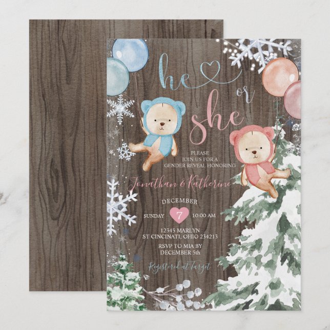 Invitation Bois Ours d'hiver Sexe Révéler les flocons de neig (Devant / Derrière)