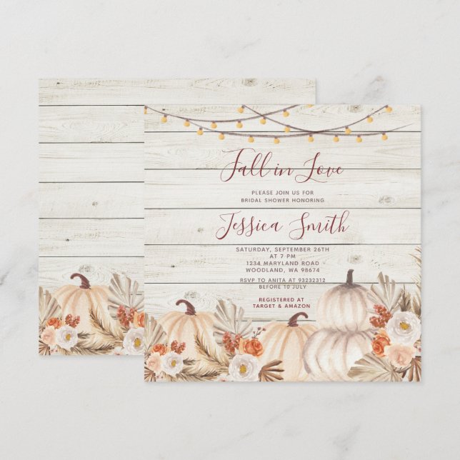 Invitation Bois Pampas Citrouille en herbe chute en amour Dou (Devant / Derrière)