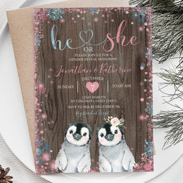 Invitation Bois Penguin Genre Révéler Il ou Elle Snowflakes (Créateur téléchargé)