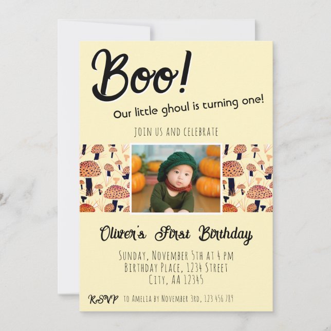 Invitation Bois Premier anniversaire Champignons Halloween Au (Devant)