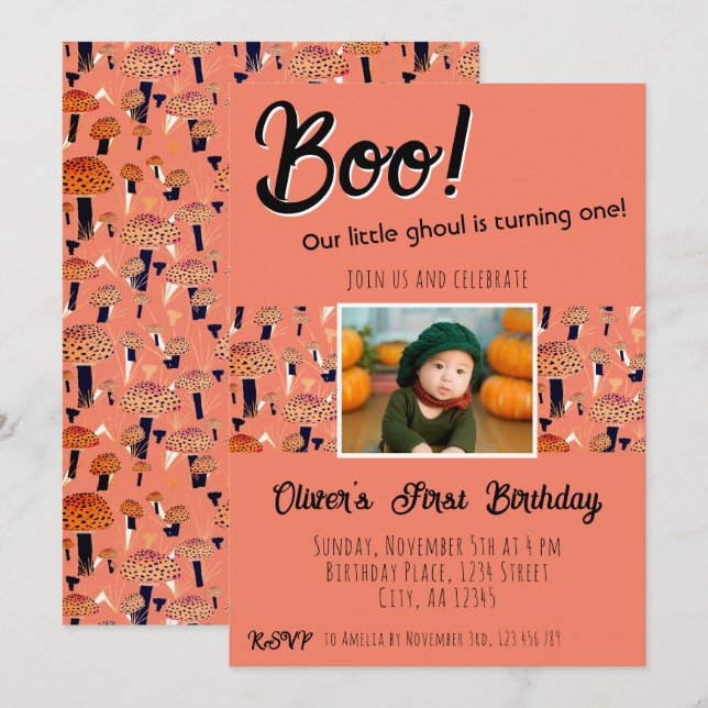 Invitation Bois Premier anniversaire Champignons Halloween Au (Devant / Derrière)