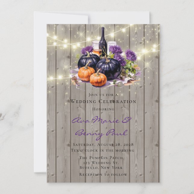 Invitation Bois Purple Lumières Citrouille Vin Verre Mariage (Devant)