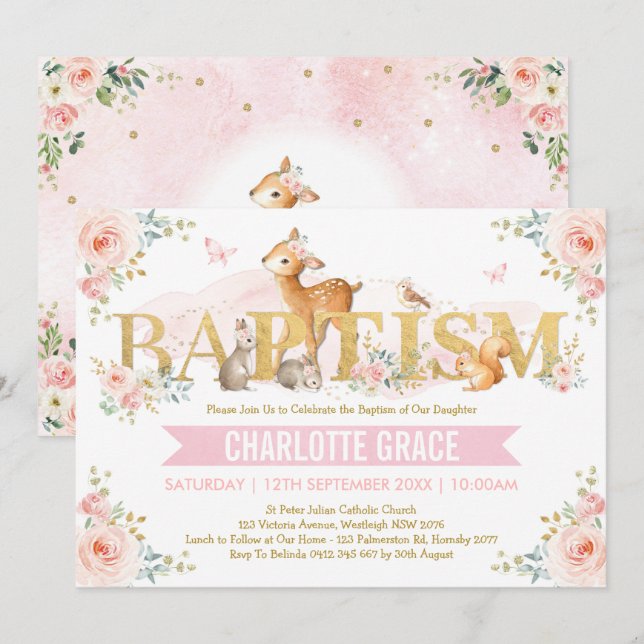 Invitation Bois rose Or Animaux Baptême Floral (Devant / Derrière)
