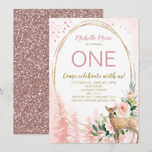 Invitation Bois rose or Floral premier anniversaire
