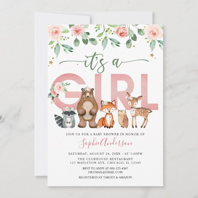 Invitation Bois rose rousse animaux Baby shower fille (Devant)